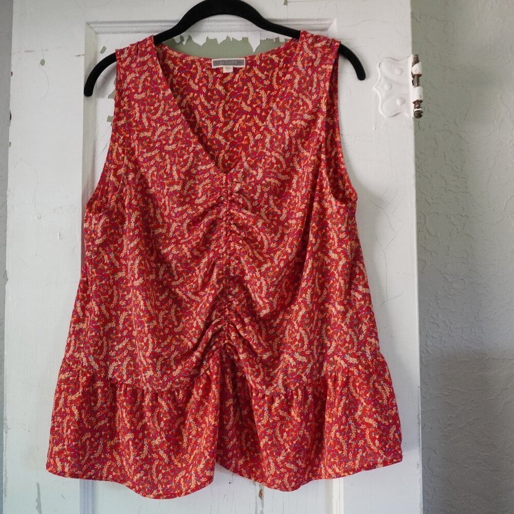 Pleione Red Floral Ruched Peplum Sleeveless Blouse V-Neck Top Large